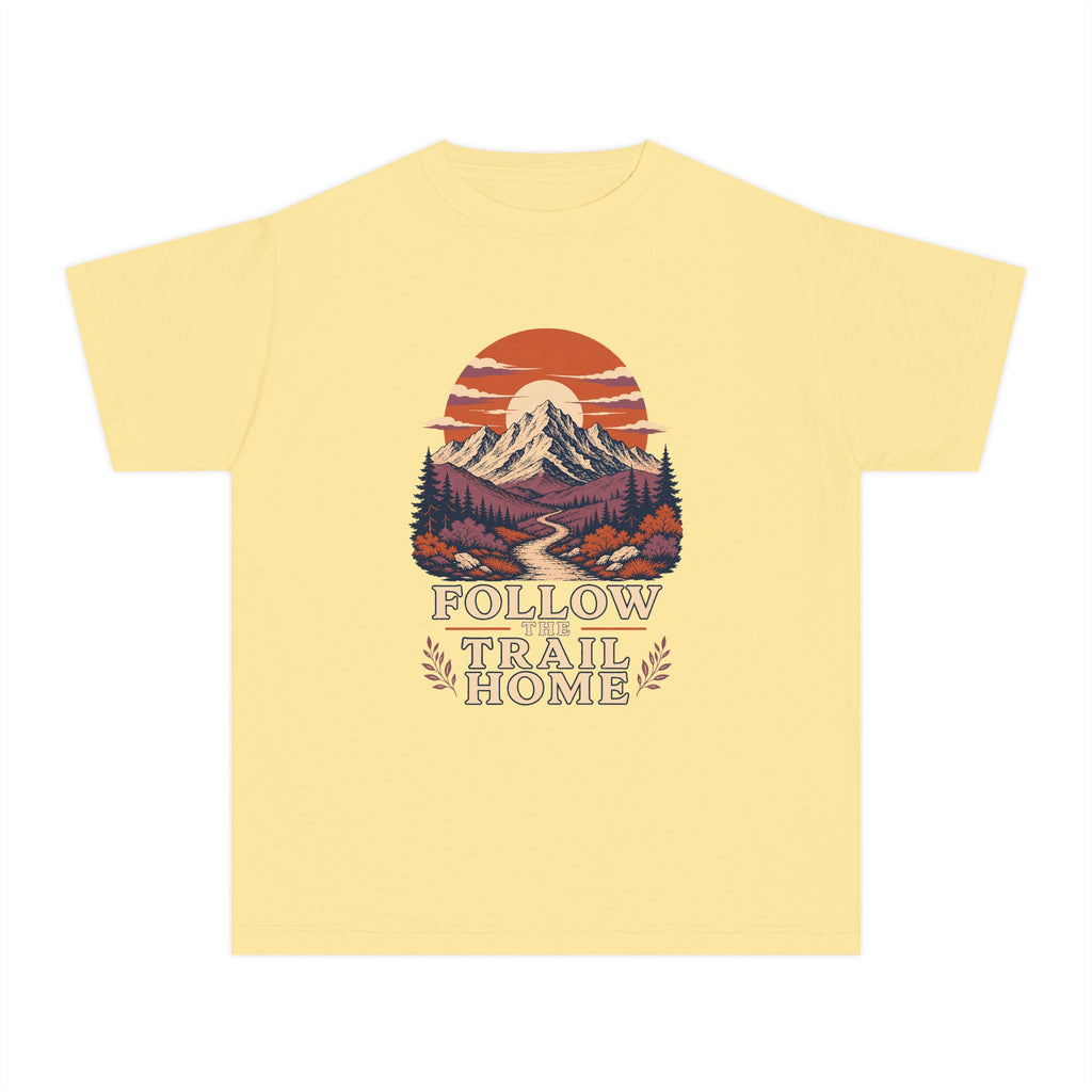 Follow the Trail Home Youth Tee – Kids' Comfort Colors Mountain Adventure Shirt in Butter – flat lay