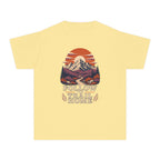 Follow the Trail Home Youth Tee – Kids' Comfort Colors Mountain Adventure Shirt in Butter – flat lay