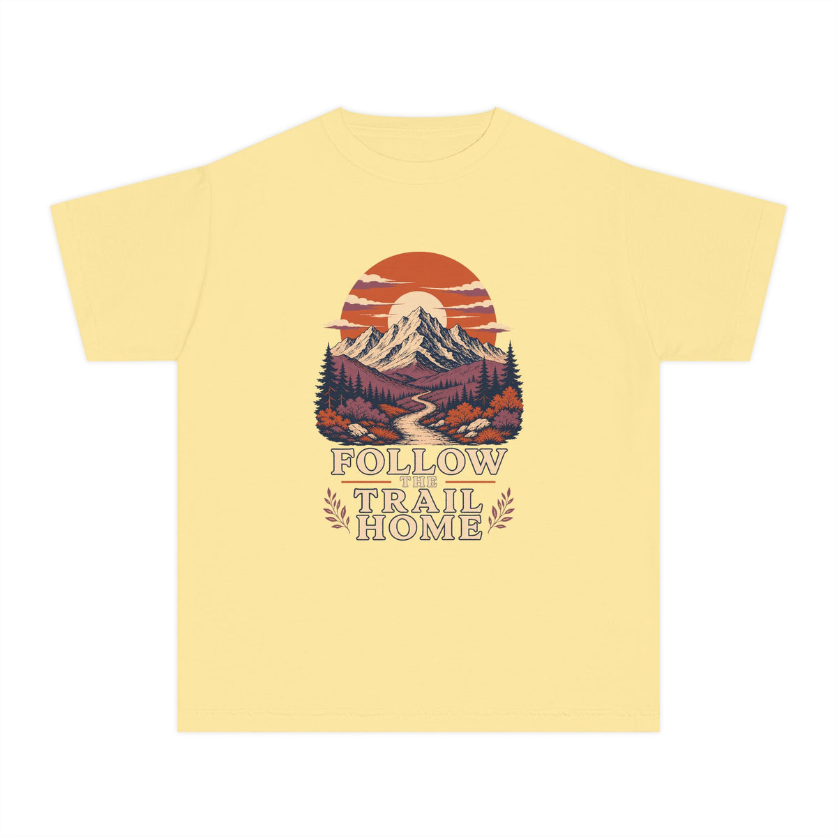Follow the Trail Home Youth Tee – Kids' Comfort Colors Mountain Adventure Shirt in Butter – flat lay