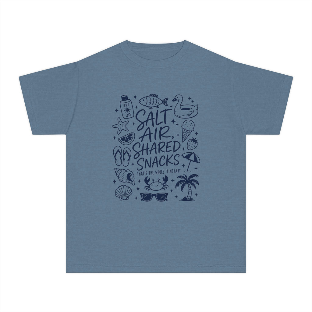 Salt Air Shared Snacks Youth Tee – Kids' Comfort Colors Beach Vacation Shirt in Blue Jean – flat lay