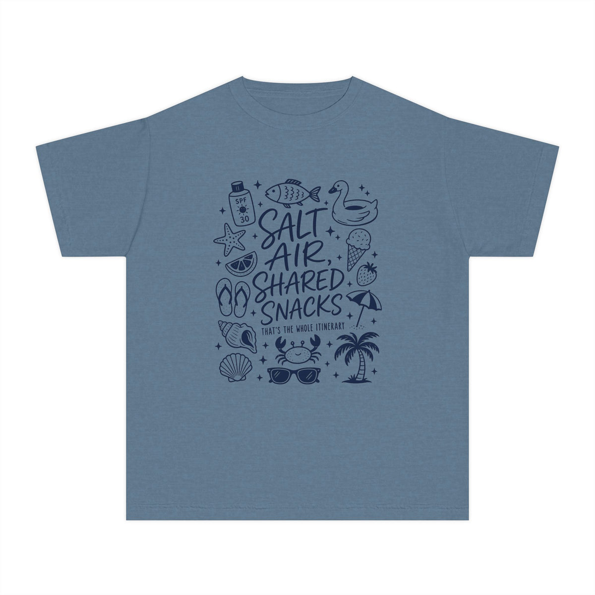 Salt Air Shared Snacks Youth Tee – Kids' Comfort Colors Beach Vacation Shirt in Blue Jean – flat lay