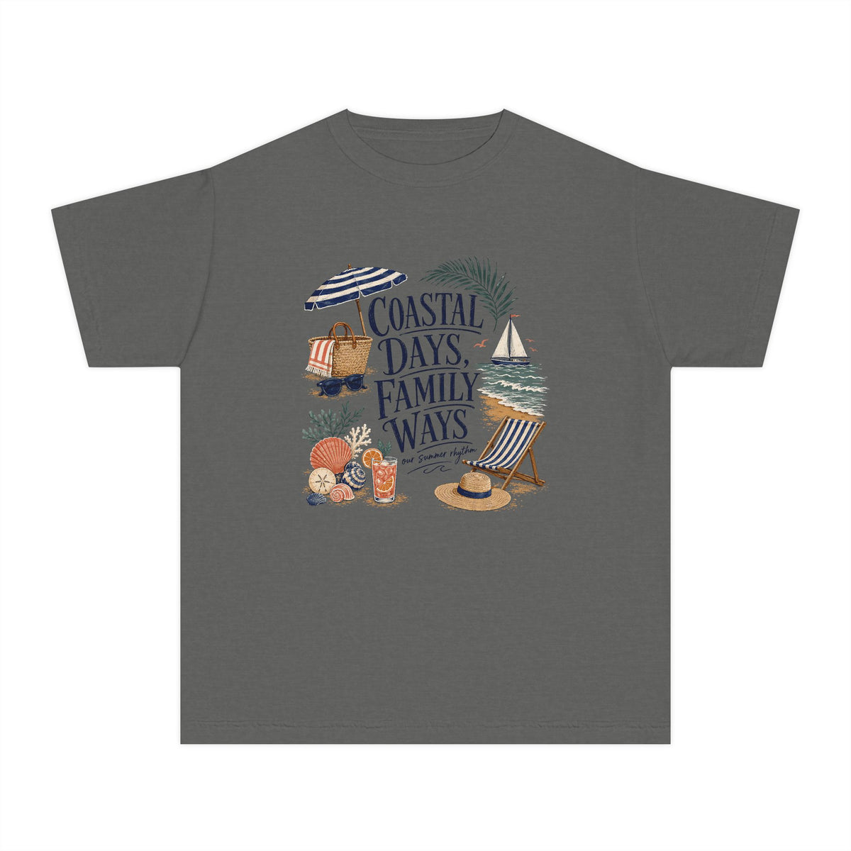 Coastal Days Family Ways Youth Tee – Kids' Comfort Colors Beach Vacation Shirt in Pepper – flat lay