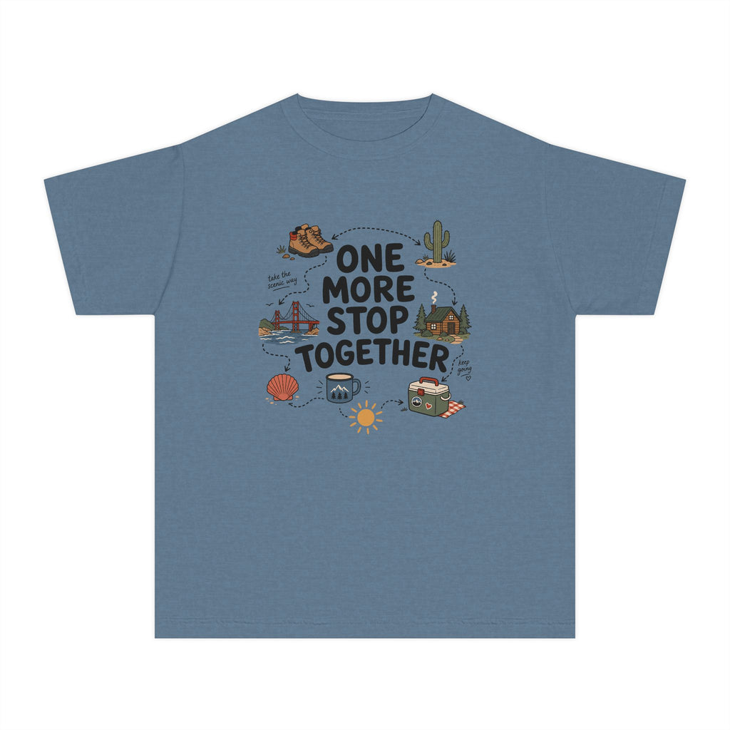 One More Stop Together Youth Tee – Kids' Comfort Colors Road Trip Shirt in Blue Jean – flat lay