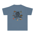 One More Stop Together Youth Tee – Kids' Comfort Colors Road Trip Shirt in Blue Jean – flat lay