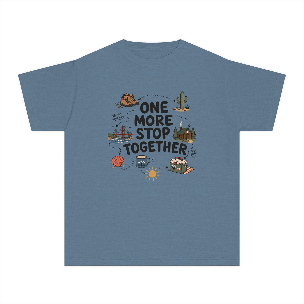 One More Stop Together Youth Tee – Kids' Comfort Colors Road Trip Shirt in Blue Jean – flat lay