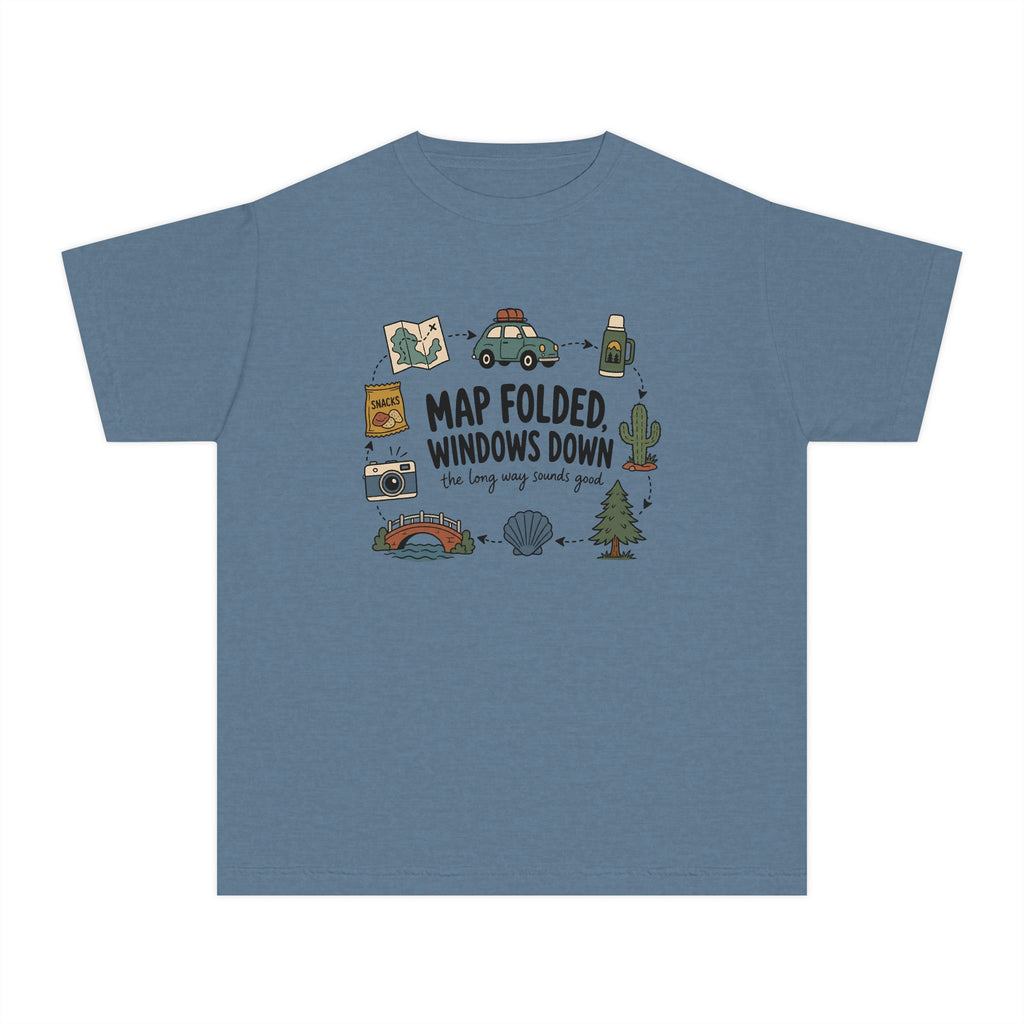 Map Folded Windows Down Youth Tee – Kids' Comfort Colors Road Trip Shirt in Blue Jean – flat lay