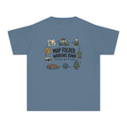 Map Folded Windows Down Youth Tee – Kids' Comfort Colors Road Trip Shirt in Blue Jean – flat lay