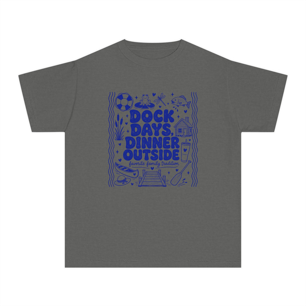 Dock Days Dinner Outside Youth Tee – Kids' Comfort Colors Lake Vacation Shirt in Pepper – flat lay