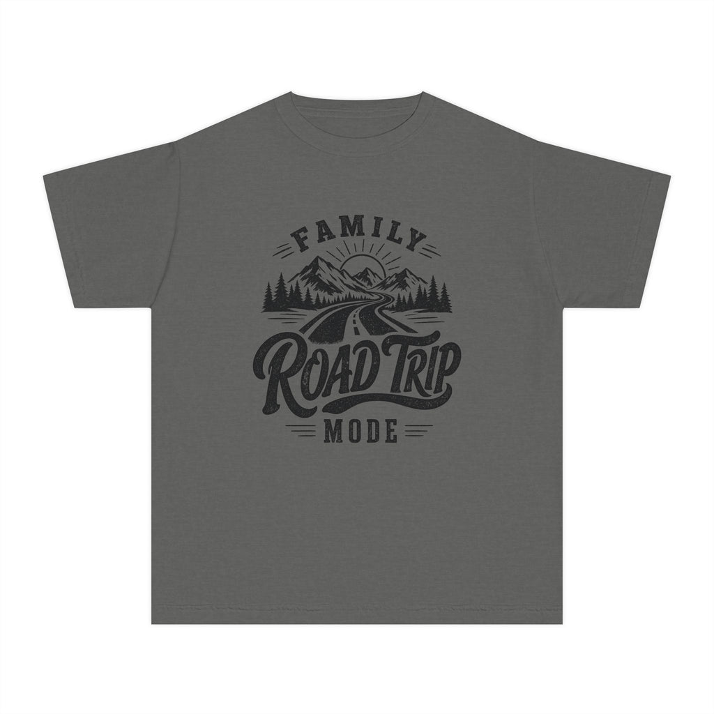 Family Road Trip Mode Youth Tee – Kids' Comfort Colors Road Trip Shirt in Pepper – flat lay