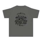 Family Road Trip Mode Youth Tee – Kids' Comfort Colors Road Trip Shirt in Pepper – flat lay