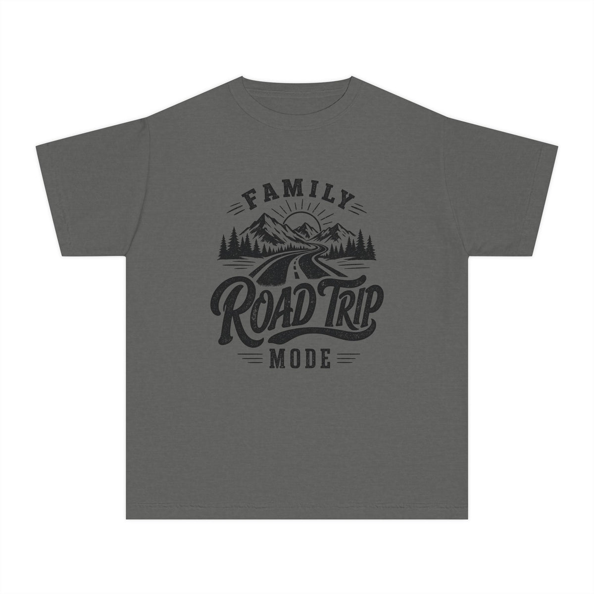 Family Road Trip Mode Youth Tee – Kids' Comfort Colors Road Trip Shirt in Pepper – flat lay