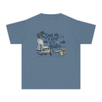 Save Me a Seat by the Water Youth Tee – Kids' Comfort Colors Lake Vacation Shirt in Blue Jean – flat lay
