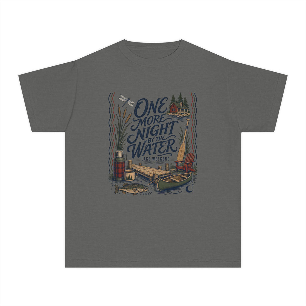 One More Night by the Water Youth Tee – Kids' Comfort Colors Lake Vacation Shirt in Pepper – flat lay