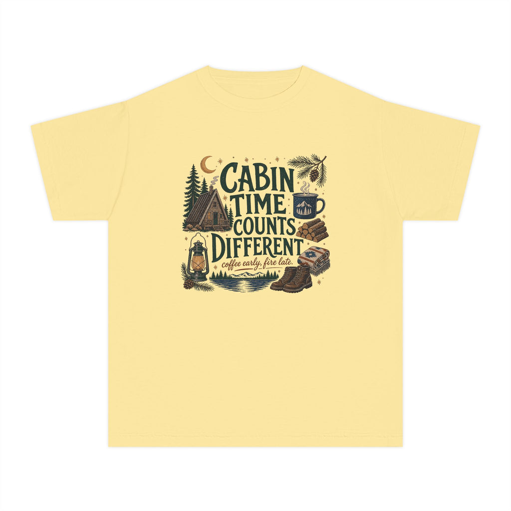 Cabin Time Counts Different Youth Tee – Kids' Comfort Colors Cabin Weekend Shirt in Butter – flat lay