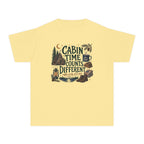 Cabin Time Counts Different Youth Tee – Kids' Comfort Colors Cabin Weekend Shirt in Butter – flat lay