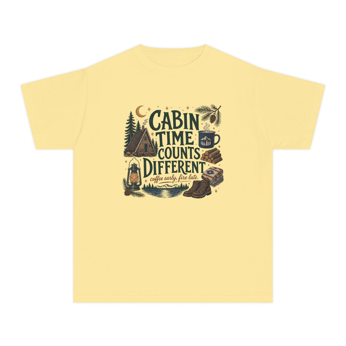 Cabin Time Counts Different Youth Tee – Kids' Comfort Colors Cabin Weekend Shirt in Butter – flat lay