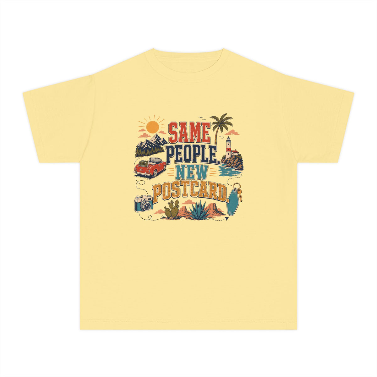 Same People New Postcard Youth Tee – Kids' Comfort Colors Road Trip Shirt in Butter – flat lay