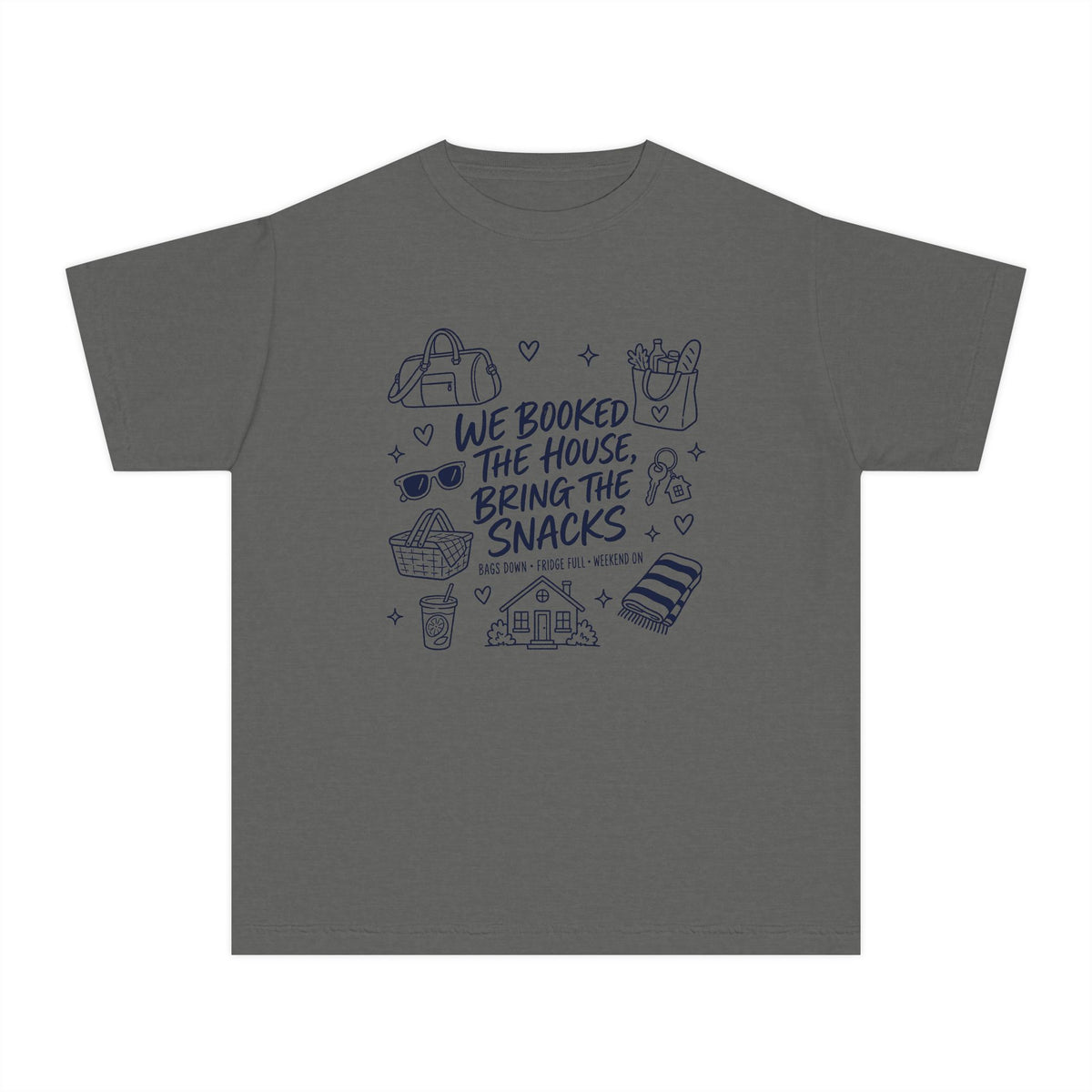 We Booked the House Bring the Snacks Youth Tee – Kids' Comfort Colors Family Getaway Shirt in Pepper – flat lay