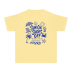 Sun On Shoes Off Youth Tee – Kids' Comfort Colors Beach Vacation Shirt in Butter – flat lay