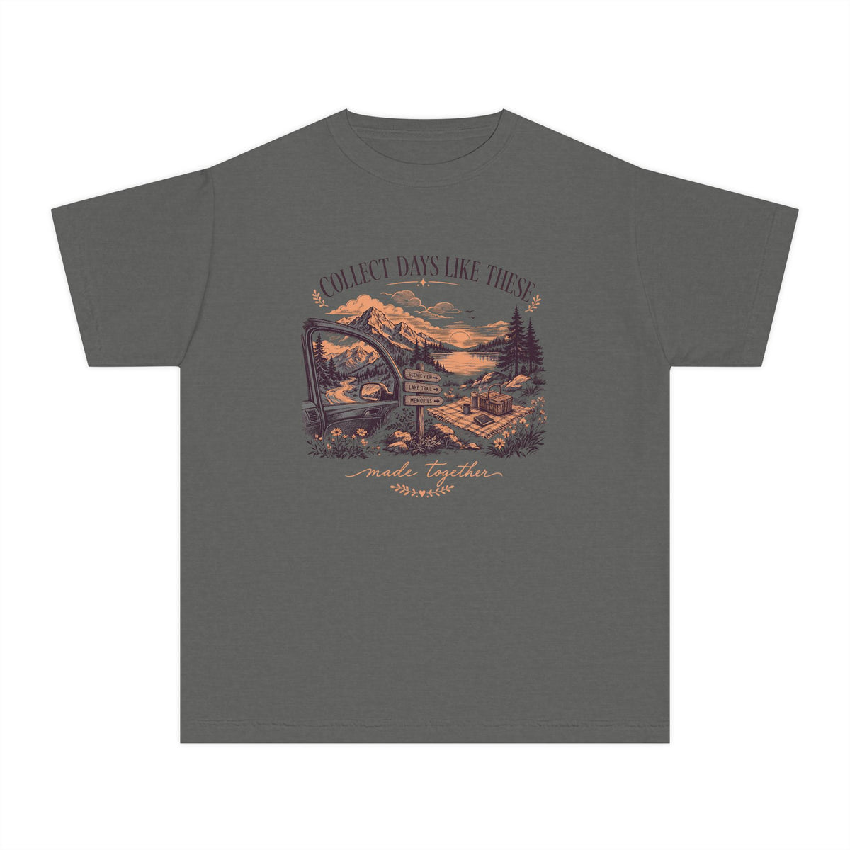Collect Days Like These Youth Tee – Kids' Comfort Colors Family Travel Shirt in Pepper – flat lay