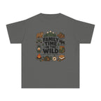 Family Time in the Wild Youth Tee – Kids' Comfort Colors Camping Shirt in Pepper – flat lay