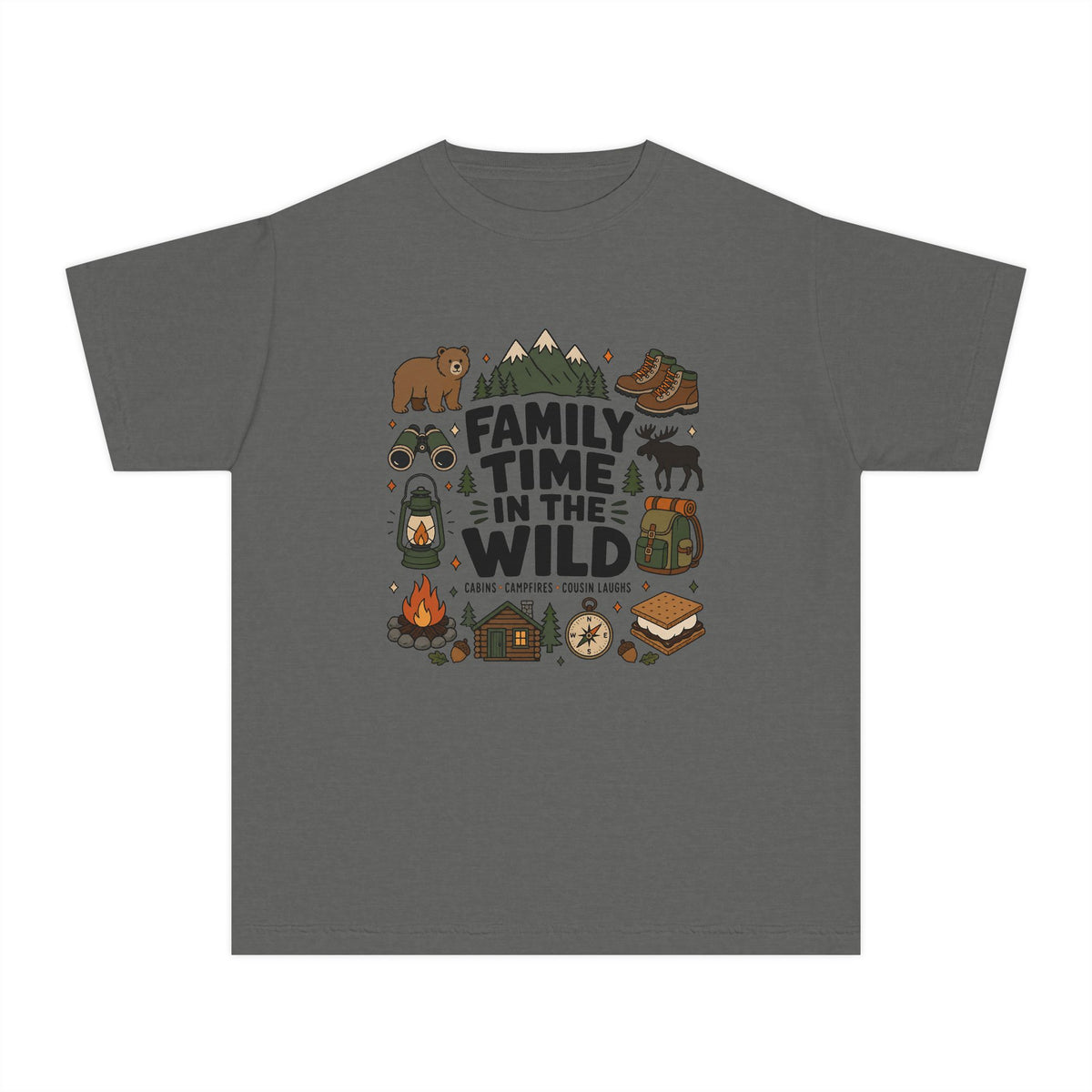 Family Time in the Wild Youth Tee – Kids' Comfort Colors Camping Shirt in Pepper – flat lay