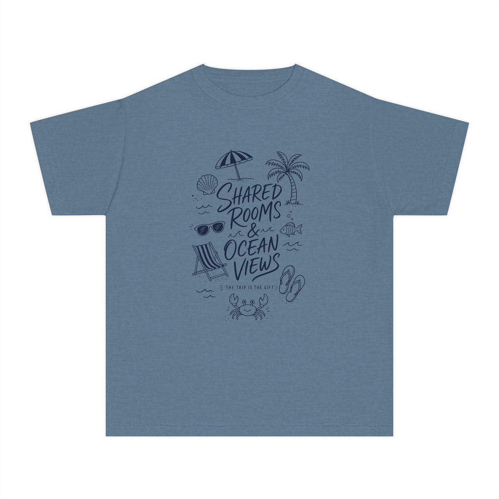 Shared Rooms and Ocean Views Youth Tee – Kids' Comfort Colors Family Travel Shirt in Blue Jean – flat lay