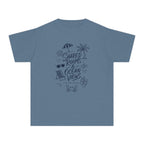 Shared Rooms and Ocean Views Youth Tee – Kids' Comfort Colors Family Travel Shirt in Blue Jean – flat lay