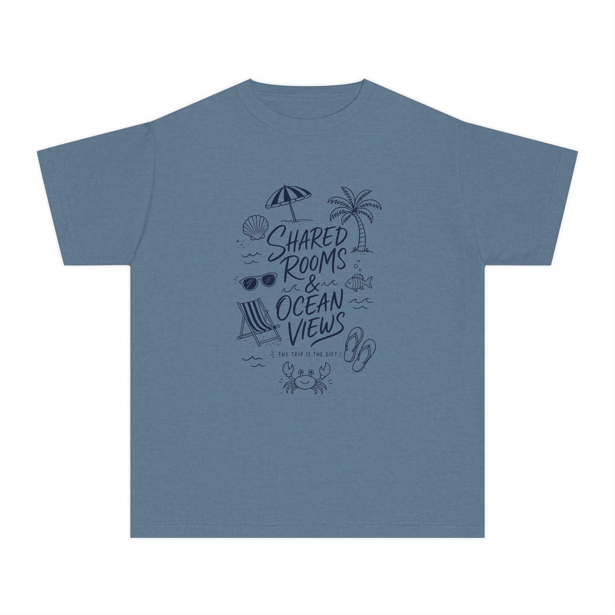 Shared Rooms and Ocean Views Youth Tee – Kids' Comfort Colors Family Travel Shirt in Blue Jean – flat lay
