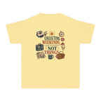 Collecting Weekends Not Things Youth Tee – Kids' Comfort Colors Family Getaway Shirt in Butter – flat lay