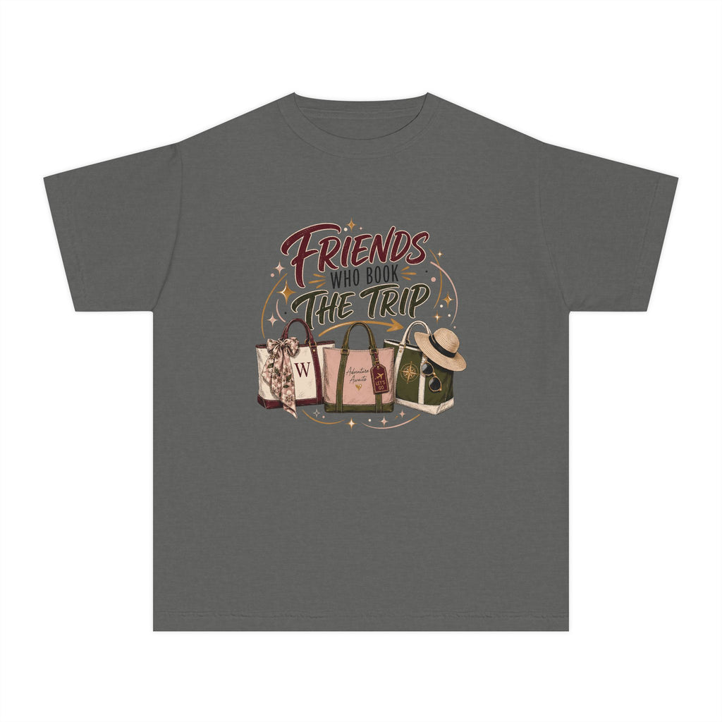 Friends Who Book the Trip Youth Tee – Kids' Comfort Colors Travel Shirt in Pepper – flat lay