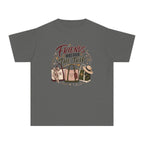 Friends Who Book the Trip Youth Tee – Kids' Comfort Colors Travel Shirt in Pepper – flat lay
