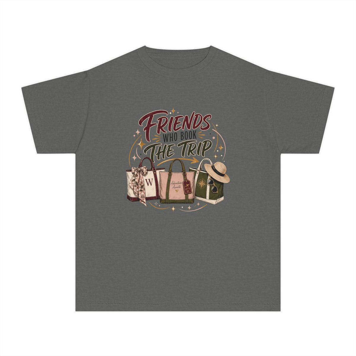 Friends Who Book the Trip Youth Tee – Kids' Comfort Colors Travel Shirt in Pepper – flat lay