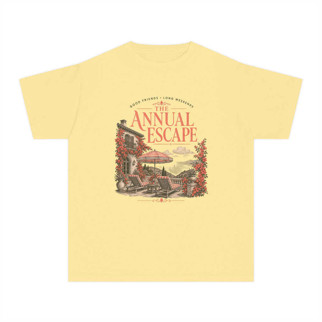 The Annual Escape Youth Tee – Kids' Comfort Colors Family Travel Shirt in Butter – flat lay