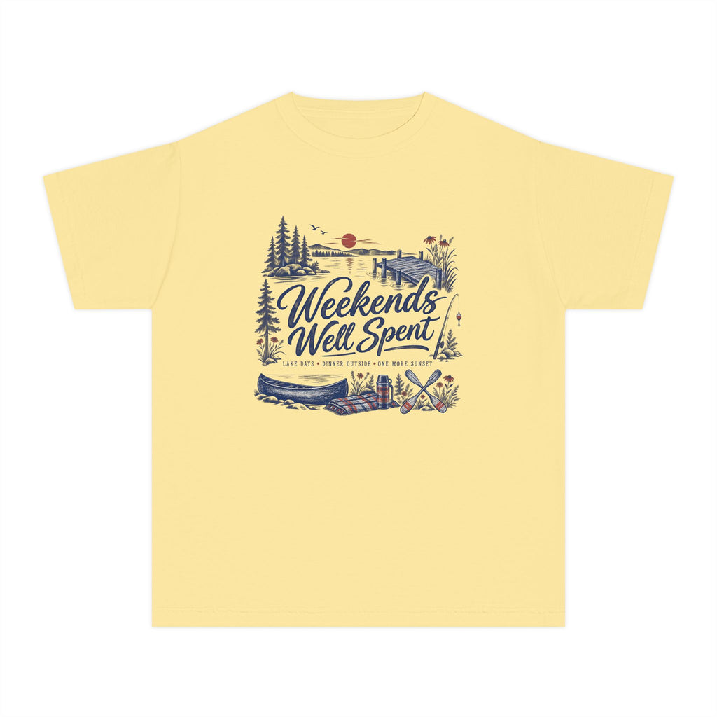Weekends Well Spent Youth Tee – Kids' Comfort Colors Lake Vacation Shirt in Butter – flat lay