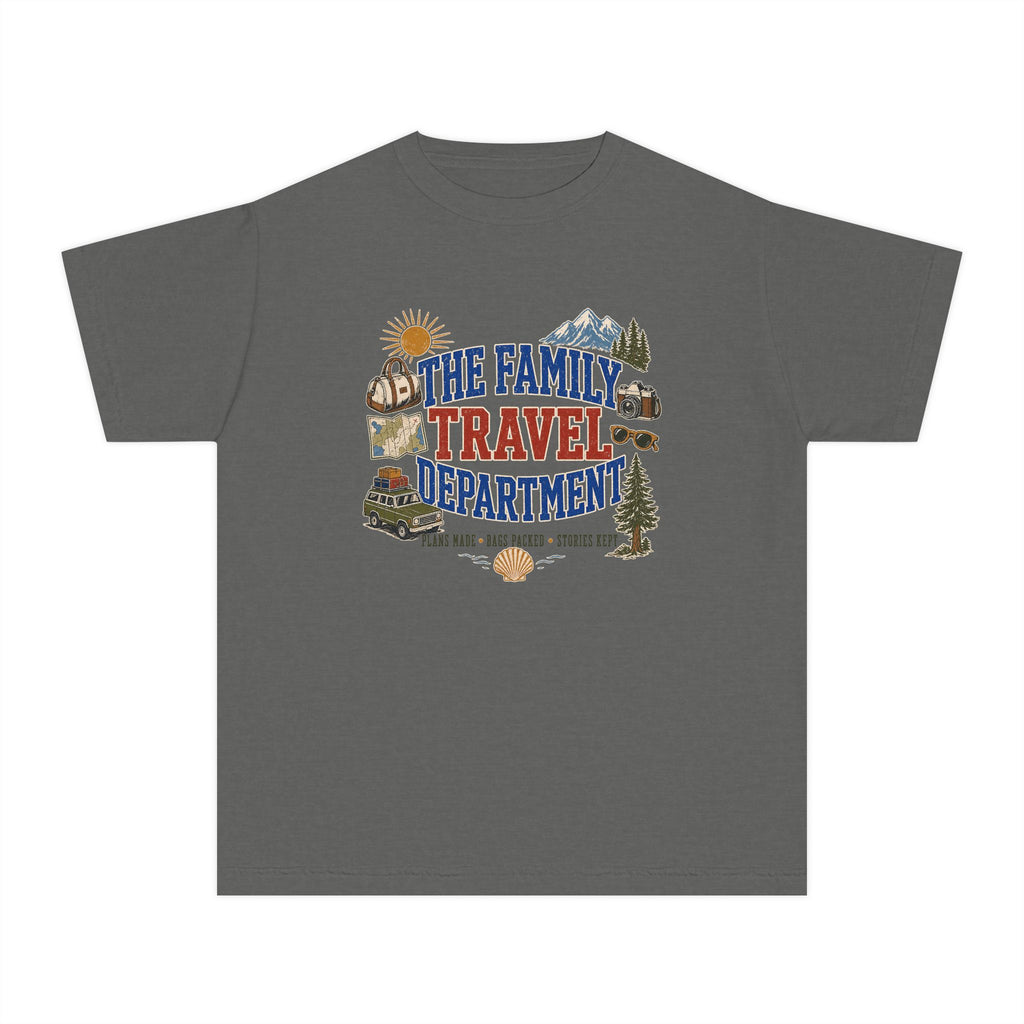 The Family Travel Department Youth Tee – Kids' Comfort Colors Road Trip Shirt in Pepper – flat lay