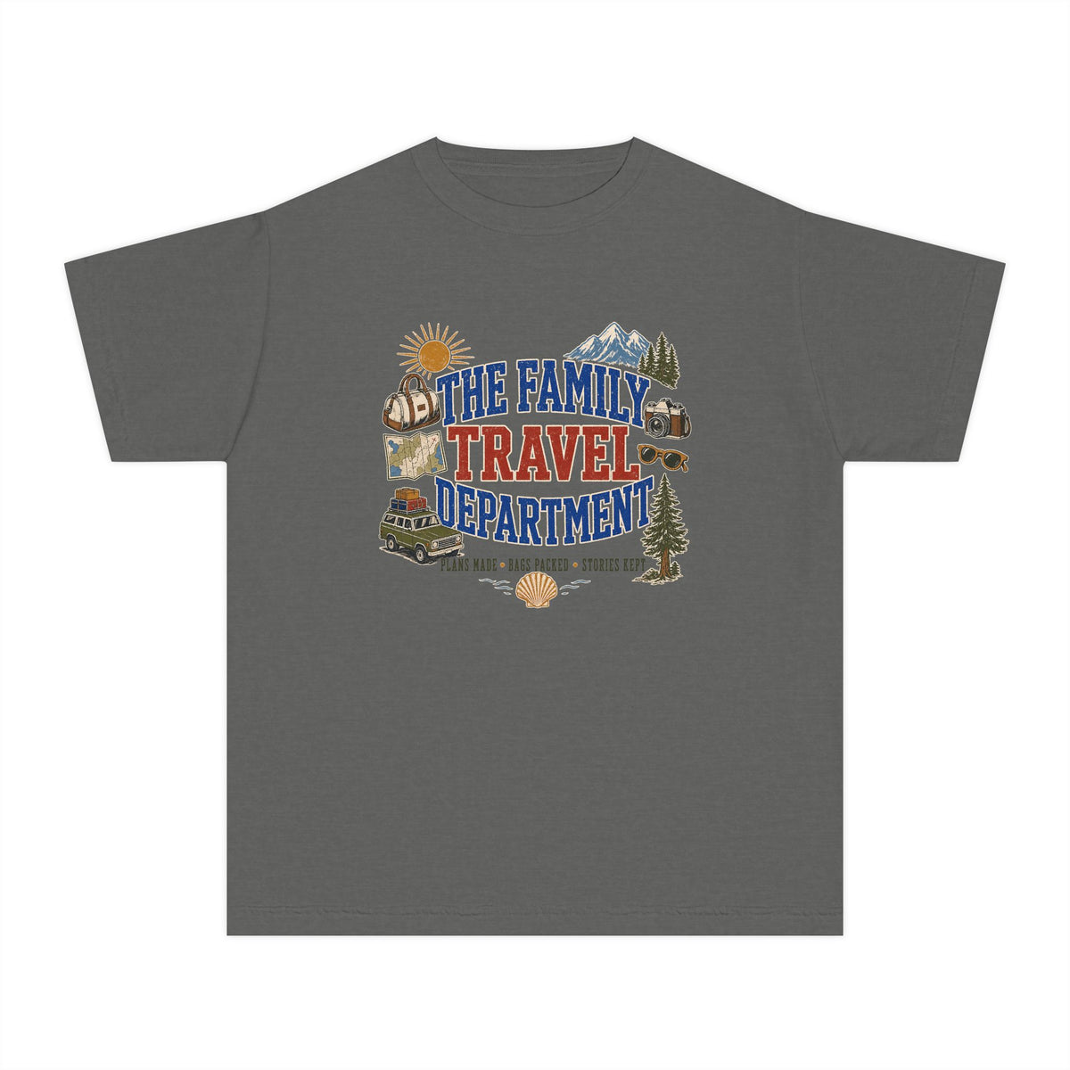 The Family Travel Department Youth Tee – Kids' Comfort Colors Road Trip Shirt in Pepper – flat lay