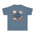 I Make the Plans We Make the Memories Youth Tee – Kids' Comfort Colors Family Travel Shirt in Blue Jean – flat lay