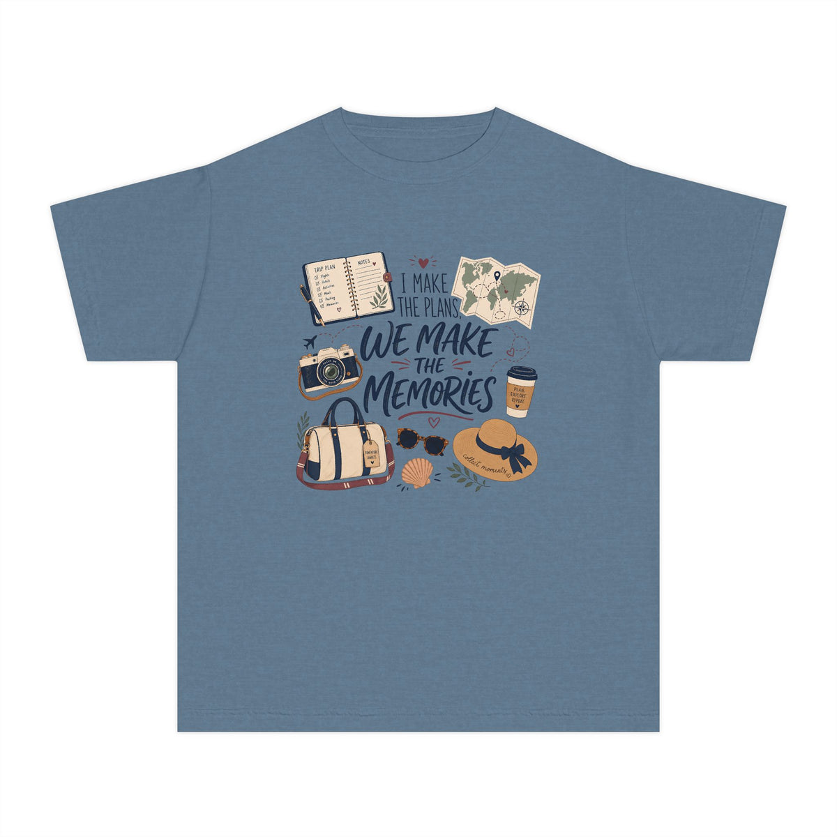 I Make the Plans We Make the Memories Youth Tee – Kids' Comfort Colors Family Travel Shirt in Blue Jean – flat lay