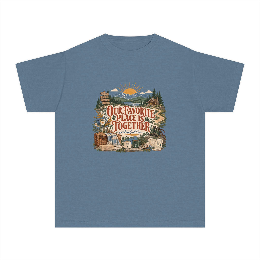 Our Favorite Place Is Together Youth Tee – Kids' Comfort Colors Family Getaway Shirt in Blue Jean – flat lay