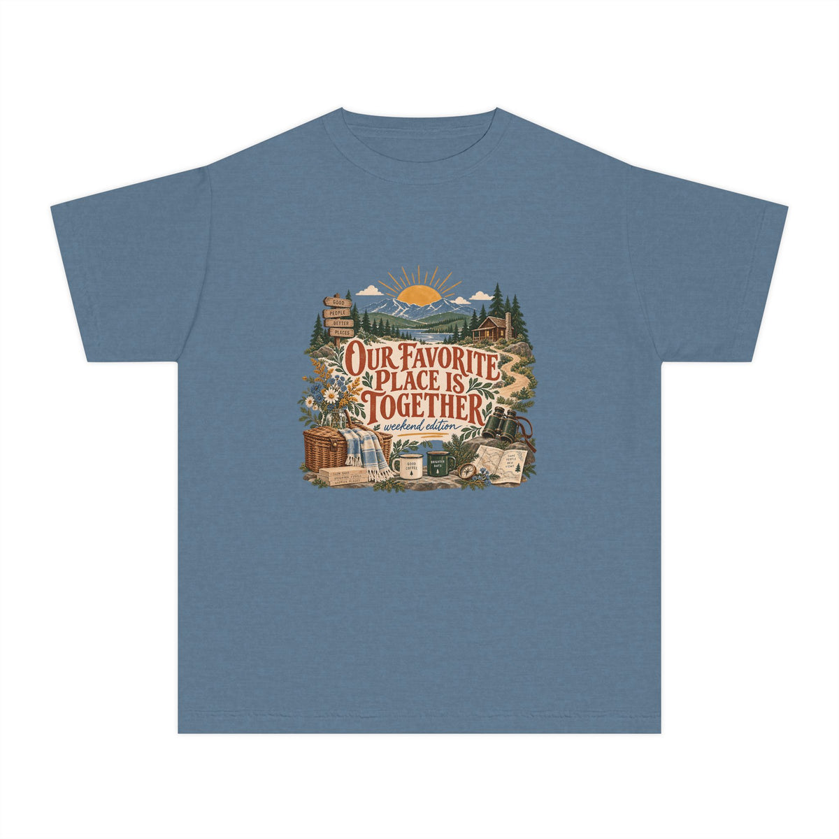 Our Favorite Place Is Together Youth Tee – Kids' Comfort Colors Family Getaway Shirt in Blue Jean – flat lay