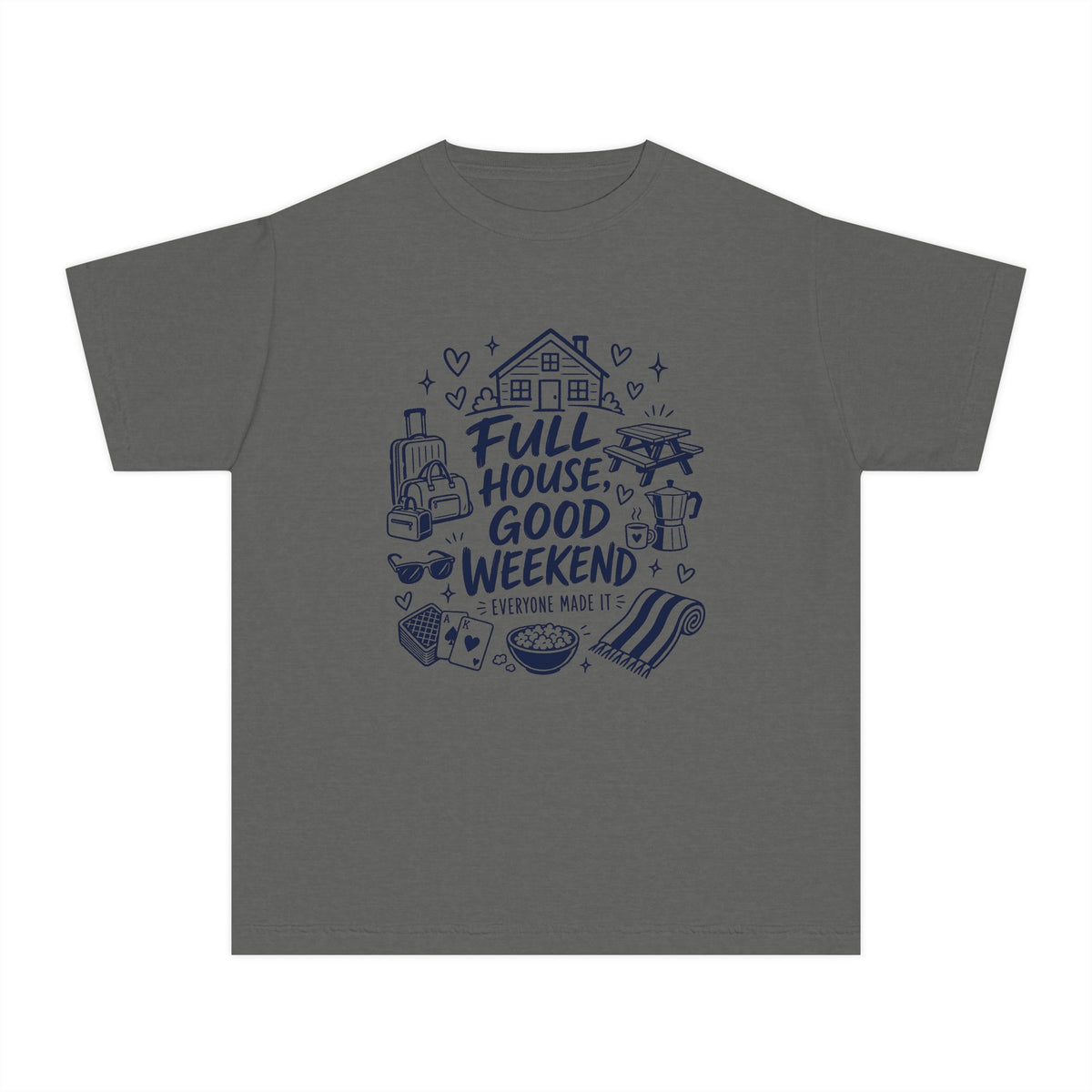 Full House Good Weekend Youth Tee – Kids' Comfort Colors Family Getaway Shirt in Pepper – flat lay