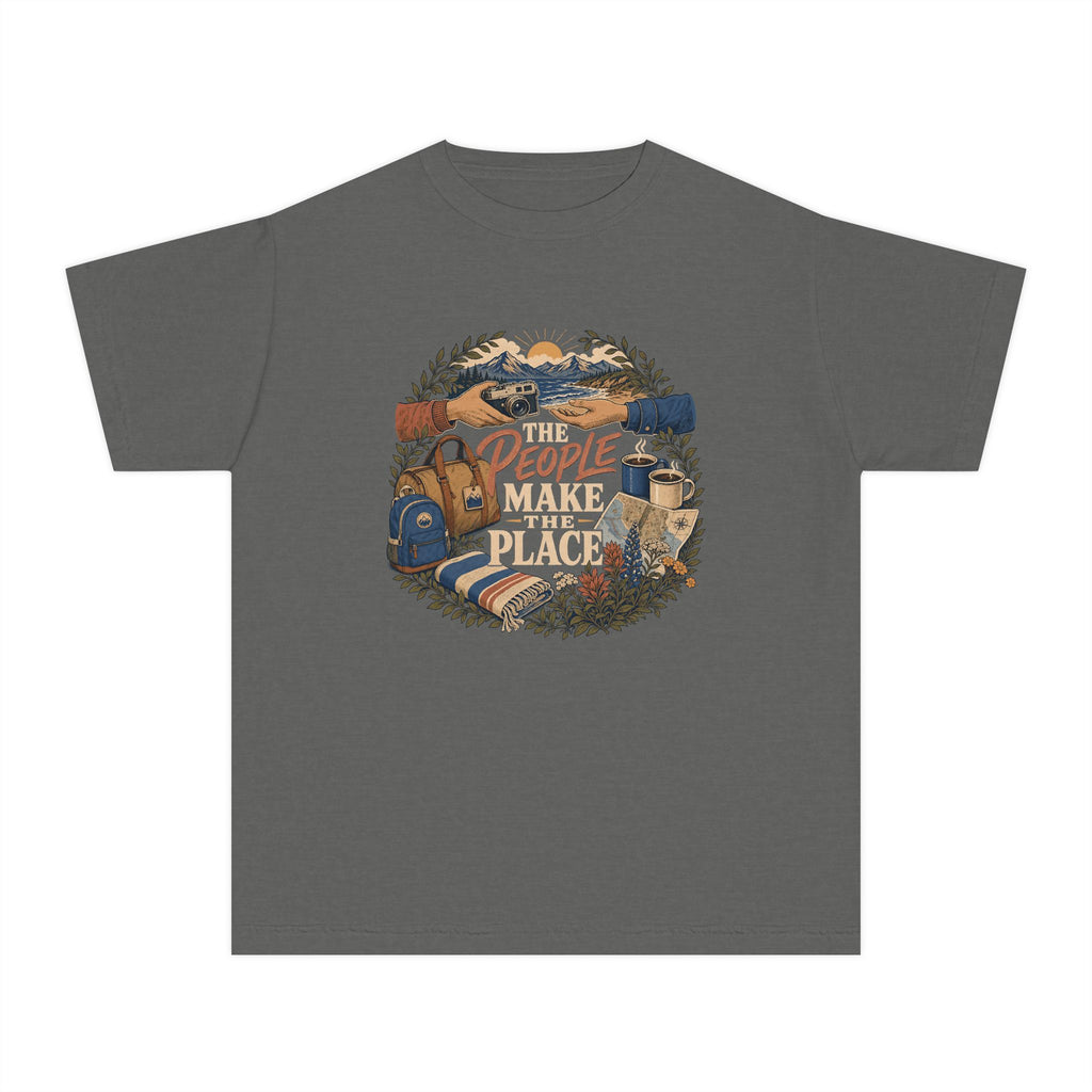 The People Make the Place Youth Tee – Kids' Comfort Colors Travel Shirt in Pepper – flat lay