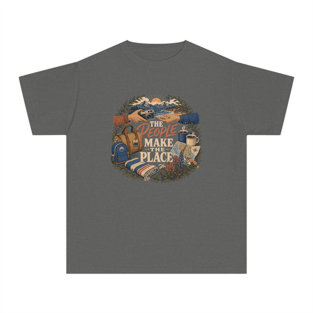 The People Make the Place Youth Tee – Kids' Comfort Colors Travel Shirt in Pepper – flat lay