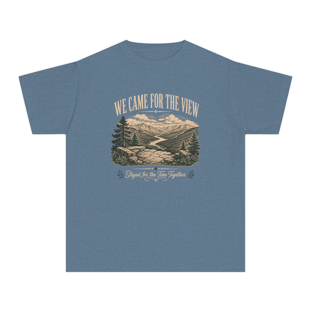 We Came for the View Youth Tee – Kids' Comfort Colors Mountain Adventure Shirt in Blue Jean – flat lay