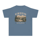 We Came for the View Youth Tee – Kids' Comfort Colors Mountain Adventure Shirt in Blue Jean – flat lay