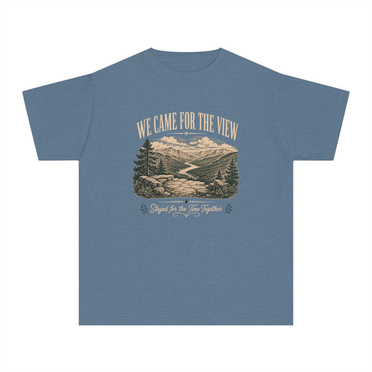We Came for the View Youth Tee – Kids' Comfort Colors Mountain Adventure Shirt in Blue Jean – flat lay