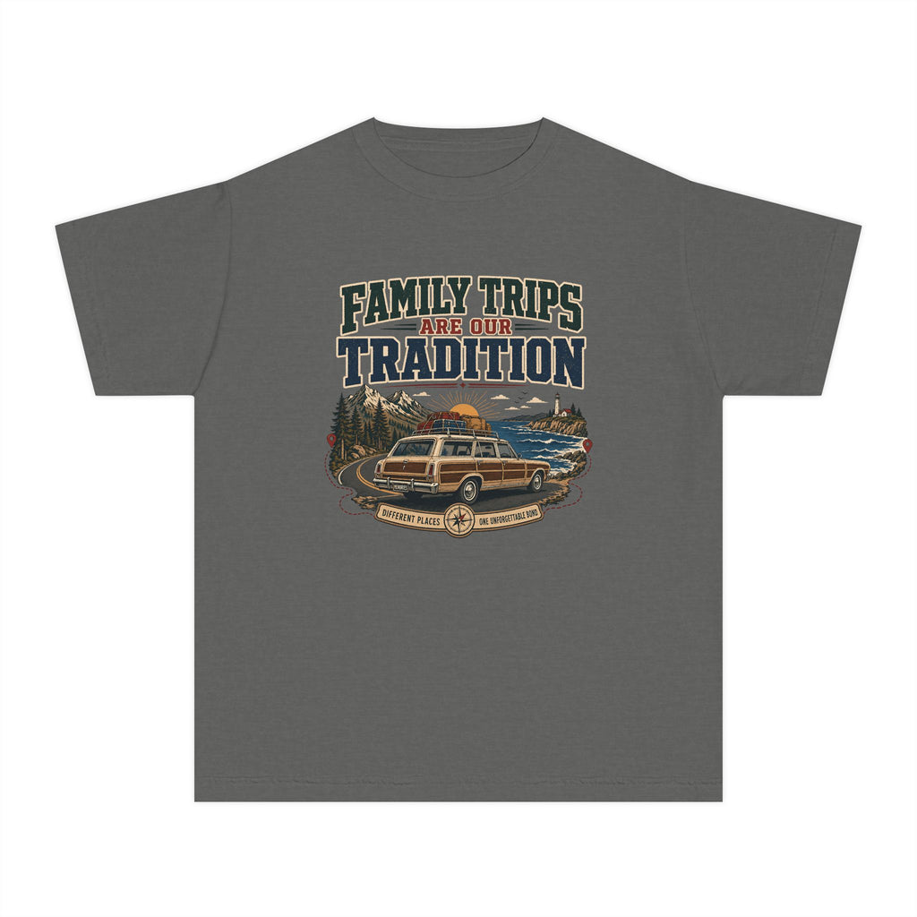 Family Trips Are Our Tradition Youth Tee – Kids' Comfort Colors Vacation Shirt in Pepper – flat lay
