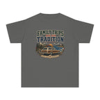 Family Trips Are Our Tradition Youth Tee – Kids' Comfort Colors Vacation Shirt in Pepper – flat lay