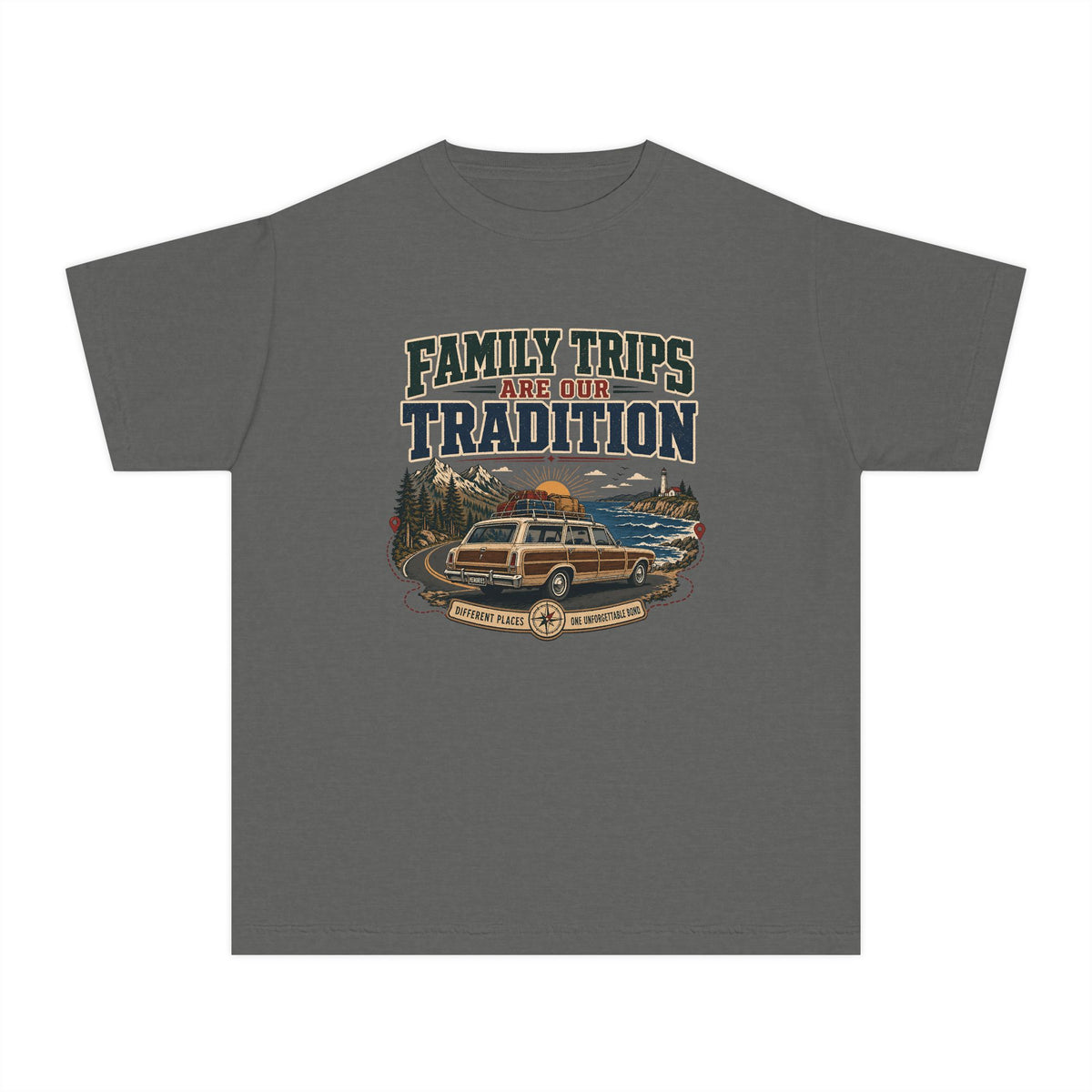 Family Trips Are Our Tradition Youth Tee – Kids' Comfort Colors Vacation Shirt in Pepper – flat lay